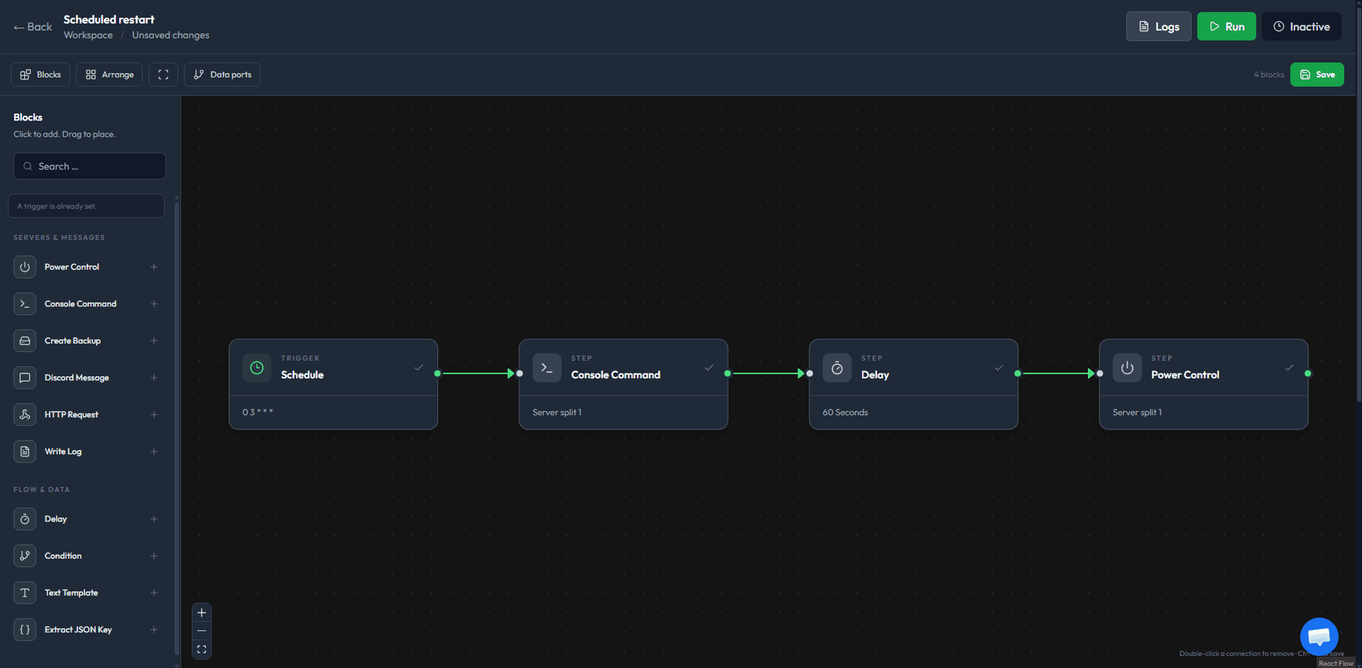Workspace editor: a schedule triggers a console command, a delay and server power control.
